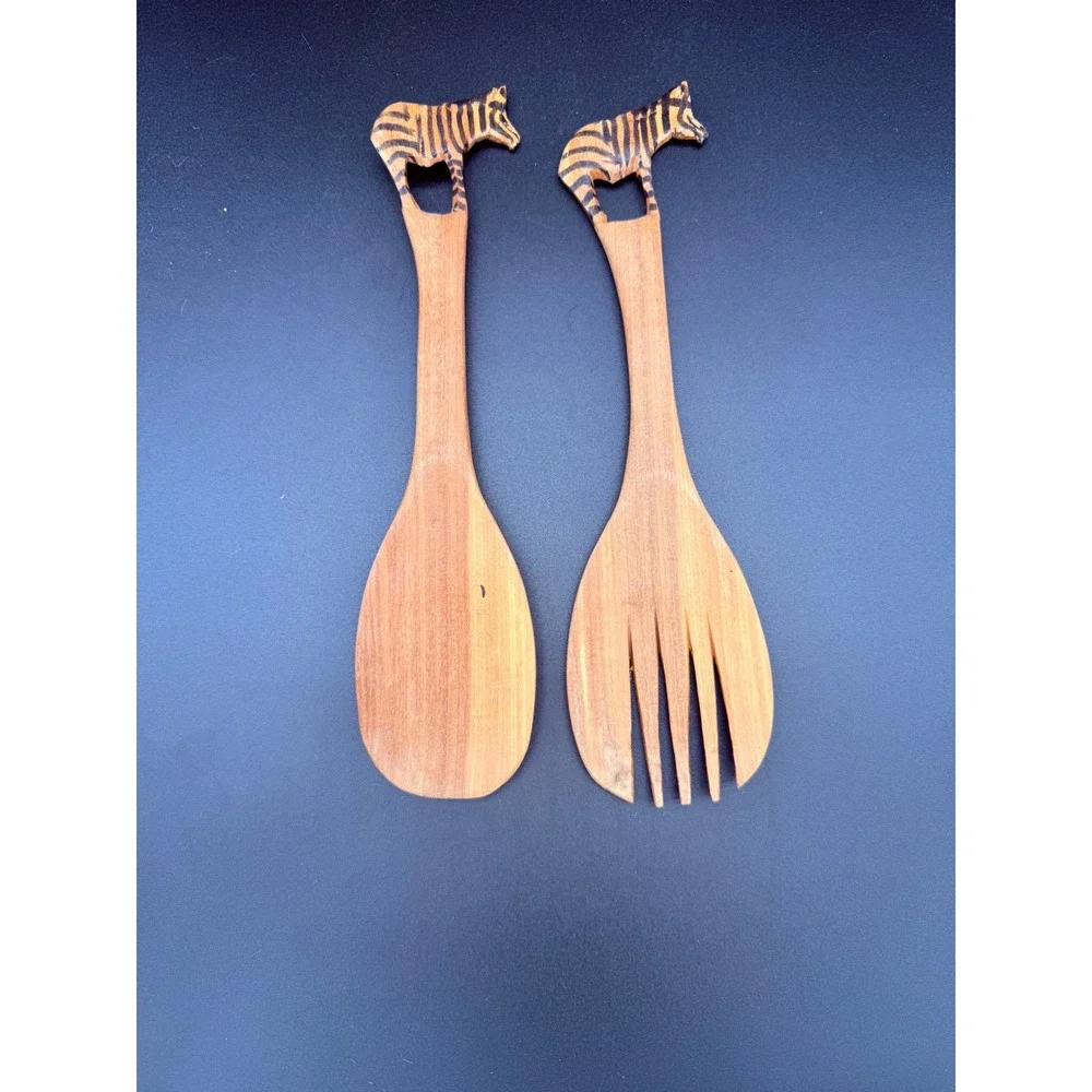 Hand Carved Wooden Zebra Salad Server Set 2 Piece Serving Spoon and Fork Animal
